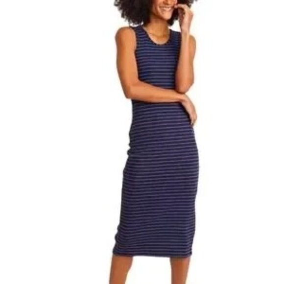 Marine Layer Lexi Daytime Midi Medium Weight Ribbed Dress Blue Stripes Size Larg - Picture 1 of 12